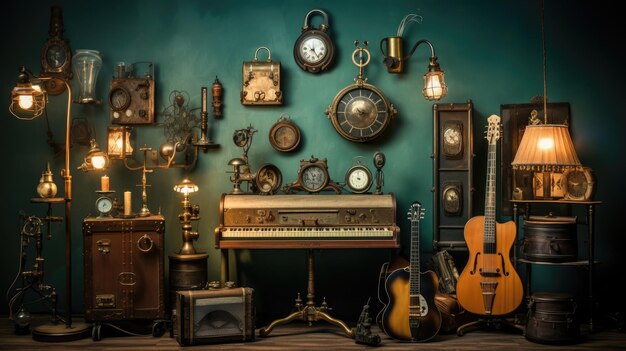 A photo of a steampunkinspired music studio retro instruments backdrop