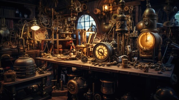 A photo of a steampunkthemed bar exposed brick walls