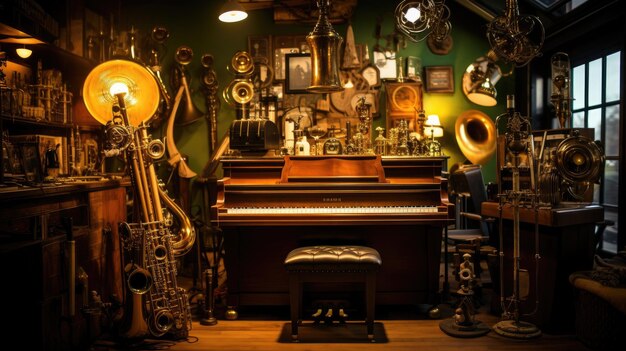 A photo of a steampunkthemed music studio antique instruments