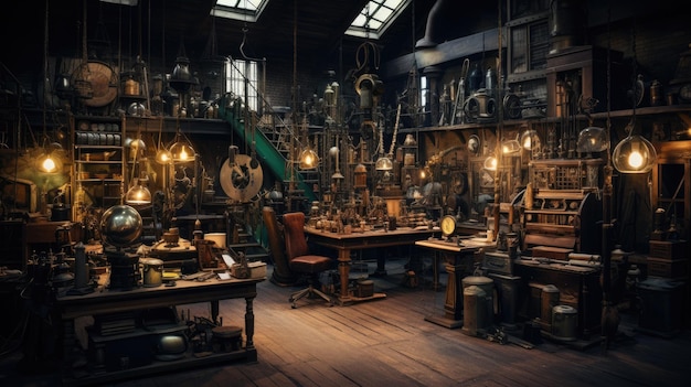 A photo of a steampunkthemed workshop cluttered with tools and gadgets