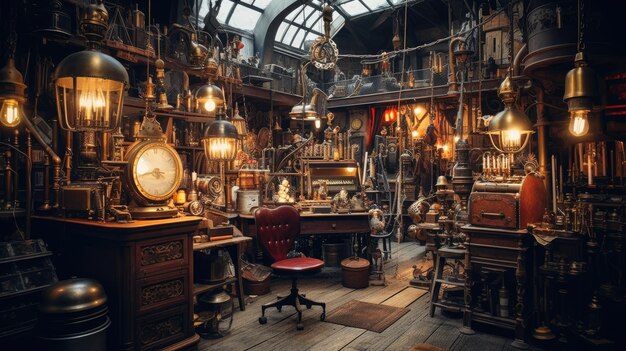 A photo of a steampunkthemed workshop cluttered with tools and gadgets