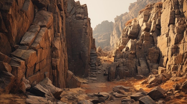 a photo of a steep rocky hill boulder formations midday sun