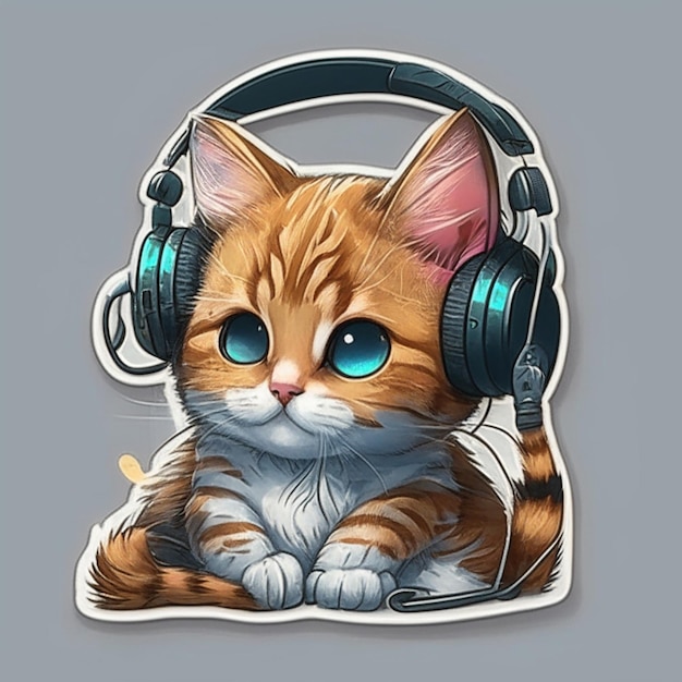 Фото наклейки с изображением милого кота в наушниках
