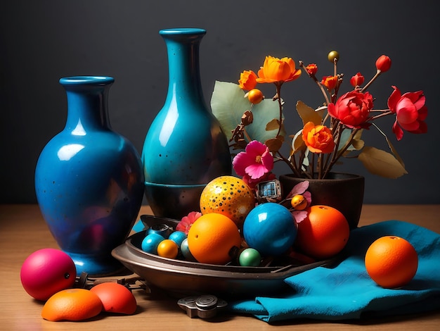 Photo still life with small decorative objects with vivid colors