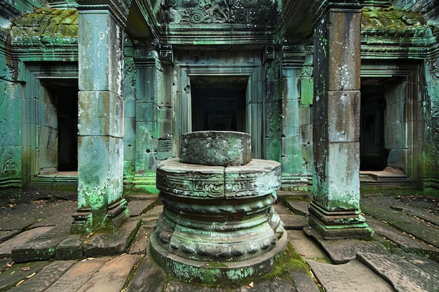 Photo of a stone podium in an abandoned temple