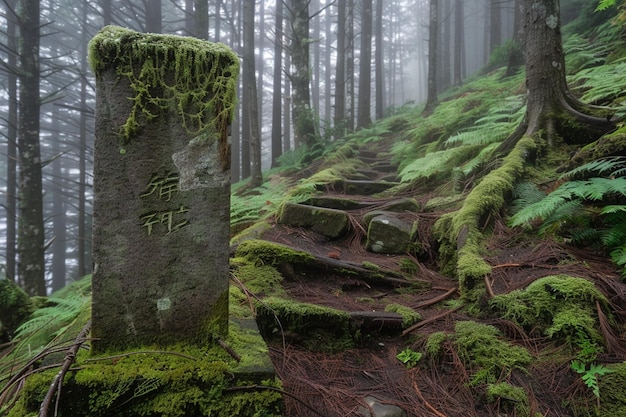 Photo of a stone podium in mystical enchanted forest