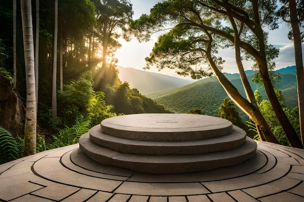 photo stone product display podium with blurred nature leaves background