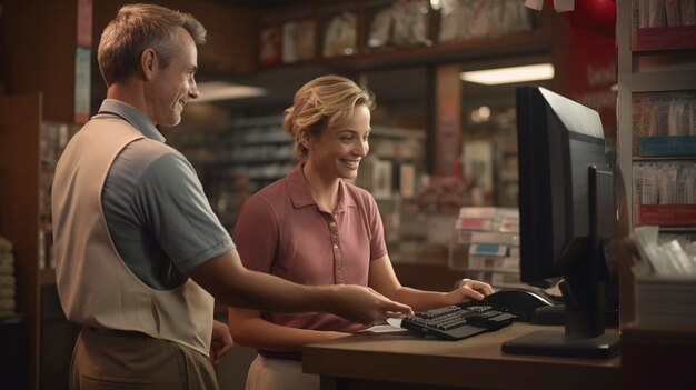 A photo of a store clerk assisting a customer