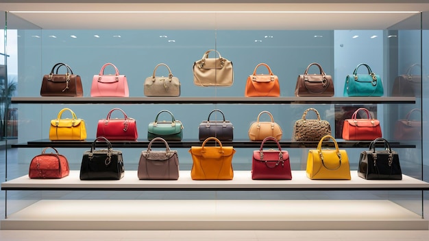 A photo of a store display featuring handbags