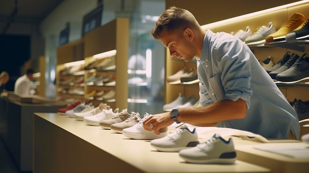 A photo of a store employee unboxing new shoe arrivals