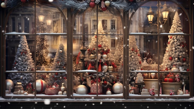 A photo of a store window with holiday decorations