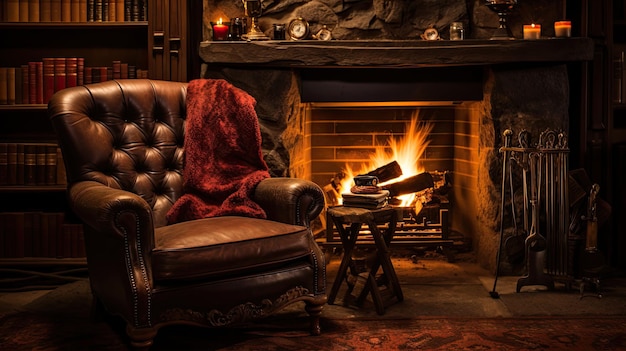 Photo a photo of a storytellers chair by a fireplace warm firelight