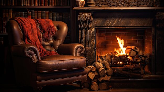 Photo a photo of a storytellers chair by a fireplace warm firelight