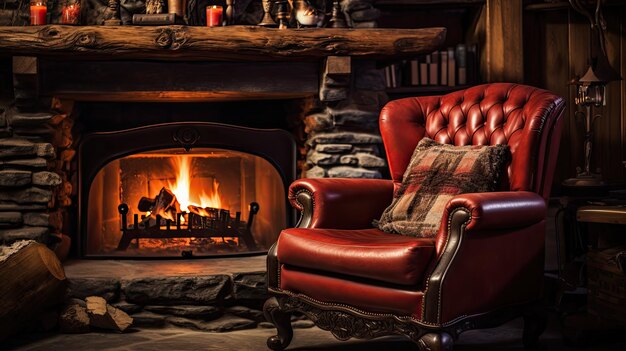 A photo of a storytellers chair by a fireplace warm firelight