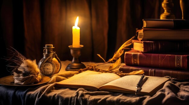 A photo of a storytellers quill and parchment on a desk warm lamp light