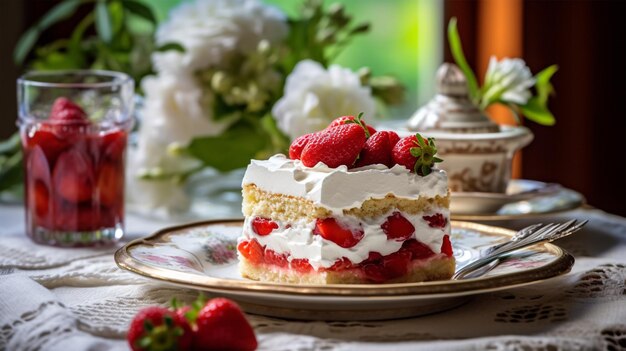 Photo of strawberry cake on decorated table generative ai