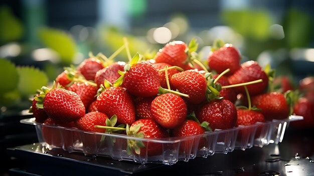 Photo strawberry fruits on a grass bowl in blur green background