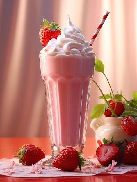 Photo a photo of a strawberry milkshake with added whipped cream and strawberries on top