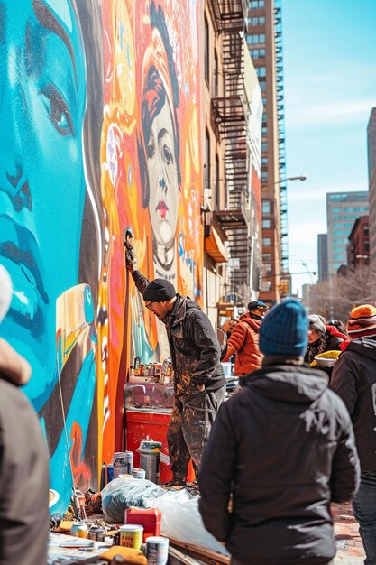 a photo of a street artist creating a mural dedicated to Womens Day