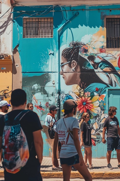 여성의 날에 헌정된 벽화를 만드는 거리 예술가의 사진