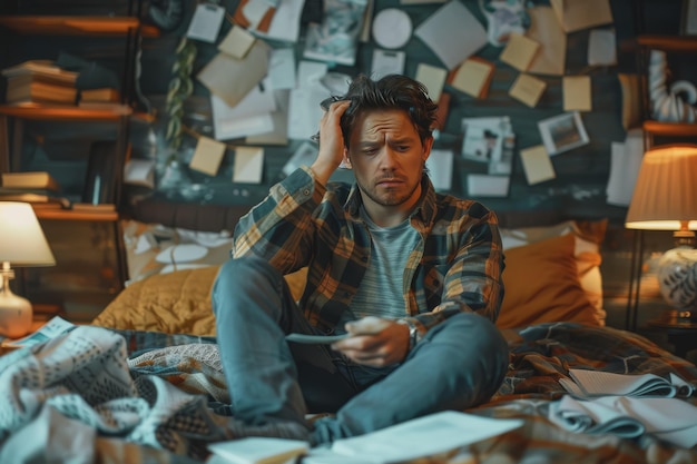 Photo photo of a stressedout man sitting on his bed with scattered papers all over the room