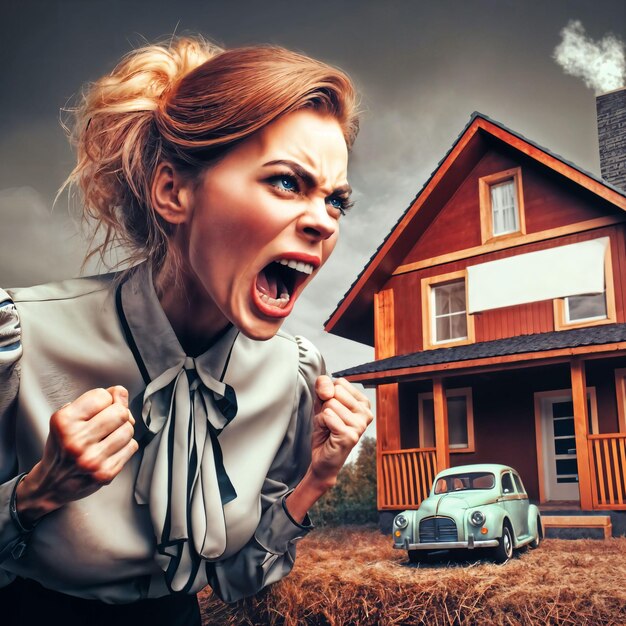 photo of stressful woman unhappy shouting in front of house generative AI