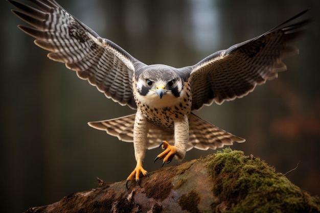 Photo of a striking falcon in a dynamic hunting pose