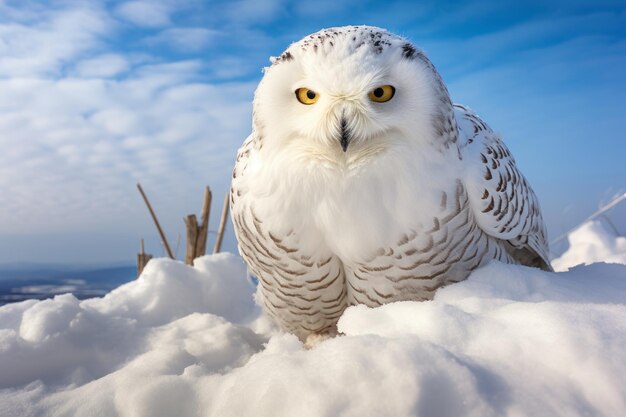Photo of a striking snowy owl in a snowy landscape