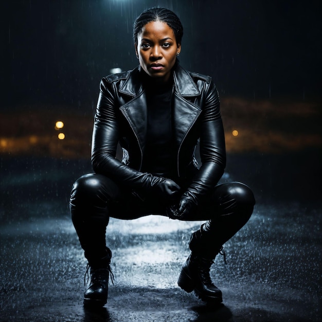 photo of strong african woman with black leather suit in heavy rain night generative AI