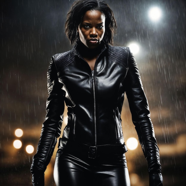 photo of strong african woman with black leather suit in heavy rain night generative AI