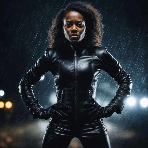 photo of strong african woman with black leather suit in heavy rain night generative AI