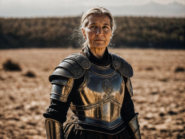 Photo photo of strong ancient senior female warrior with roman armor stained generative ai