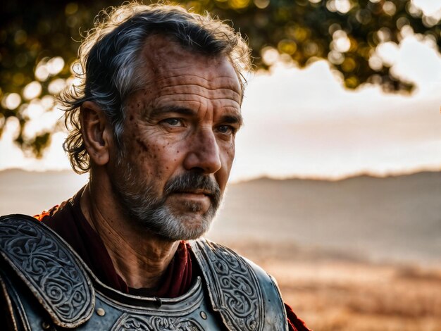 photo of strong ancient senior male warrior with roman armor stained generative AI