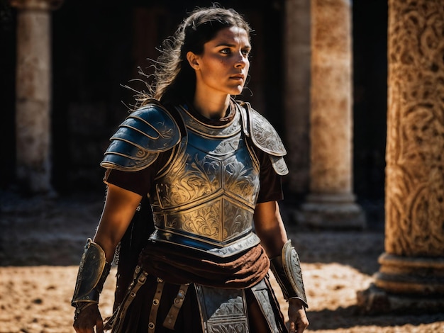 photo of strong ancient young female warrior with roman armor stained generative AI