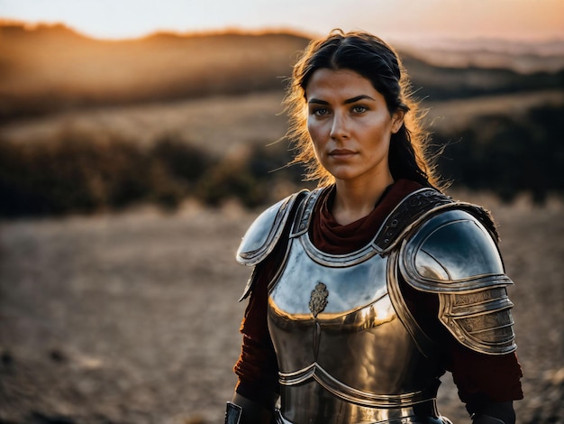 Foto foto di una forte giovane donna guerriera antica con un'armatura romana macchiata di ia generativa