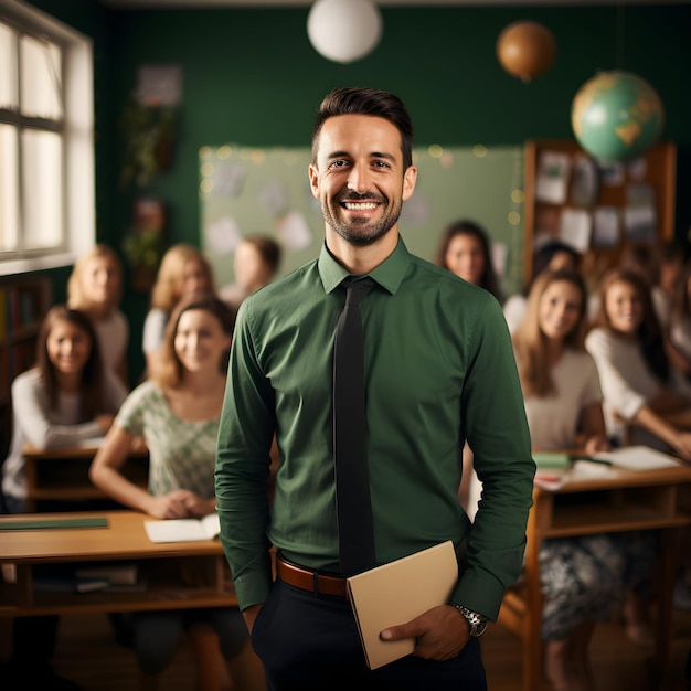 Photo photo students greeting their teacher in classroom for teacher day concept generative ai