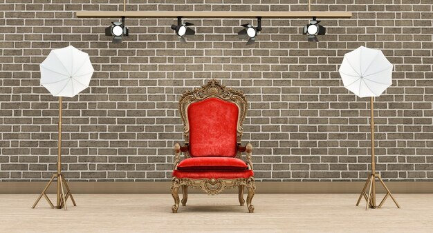 Photo studio bricks wall background with soft box light and armchair Photo studio with modern interior and lighting equipment 3D render