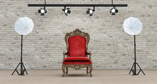 Photo studio bricks wall background with soft box light and armchair Photo studio with modern interior and lighting equipment 3D render