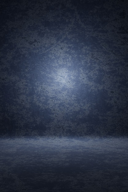 Photo studio portrait backdrop. Background painted scratch texture dark blue, cloud night with spot light. 3D rendering