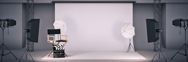 photo studio with cinema concept Directors chair and movie clapper 3d rendering