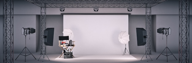 photo studio with cinema concept Directors chair and movie clapper 3d rendering