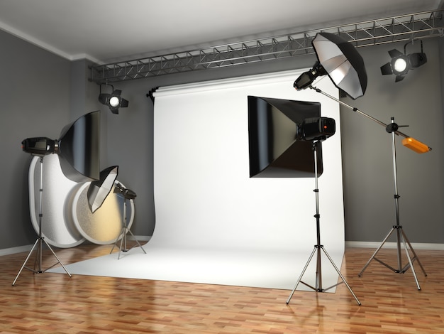 Photo studio with lighting equipment flashes softboxes and reflectors