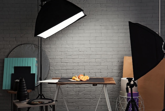 Photo studio with professional lighting equipment for shooting food