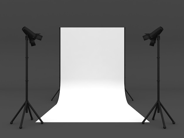 Studio fotografico con schermo bianco un isolato su grigio