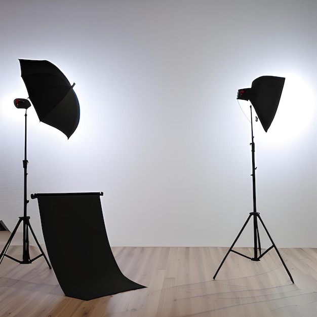 A photo studio with a white wall and a black floor.