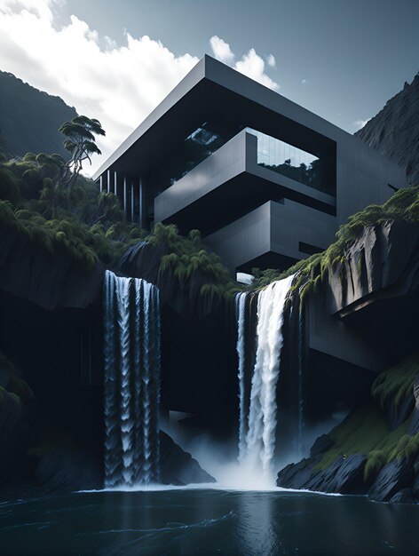 Photo of a stunning house with a mesmerizing waterfall in the front yard