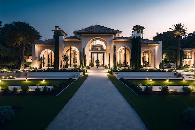 Photo of a stunning modern villa with an illuminated walkway leading up to the entrance