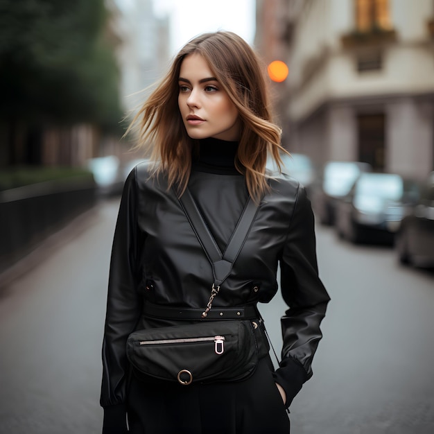 Photo photo stylish american business woman on streets with black leather bag generative ai
