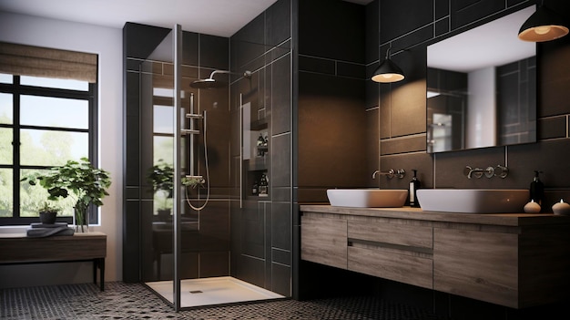 A photo of a stylish bathroom with a walkin shower