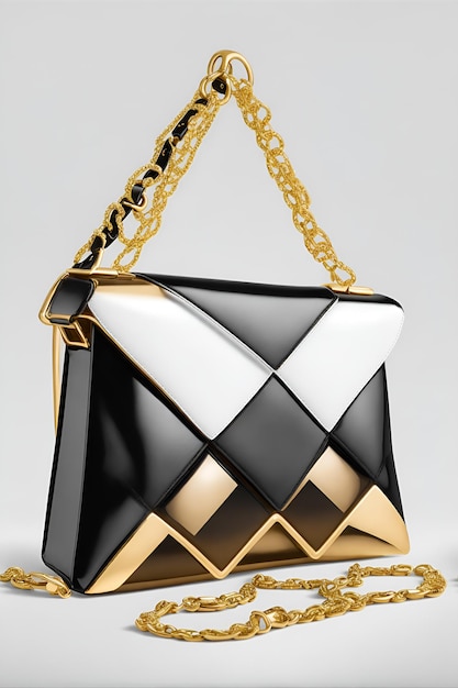 Photo of a stylish black and white purse with a glamorous gold chain